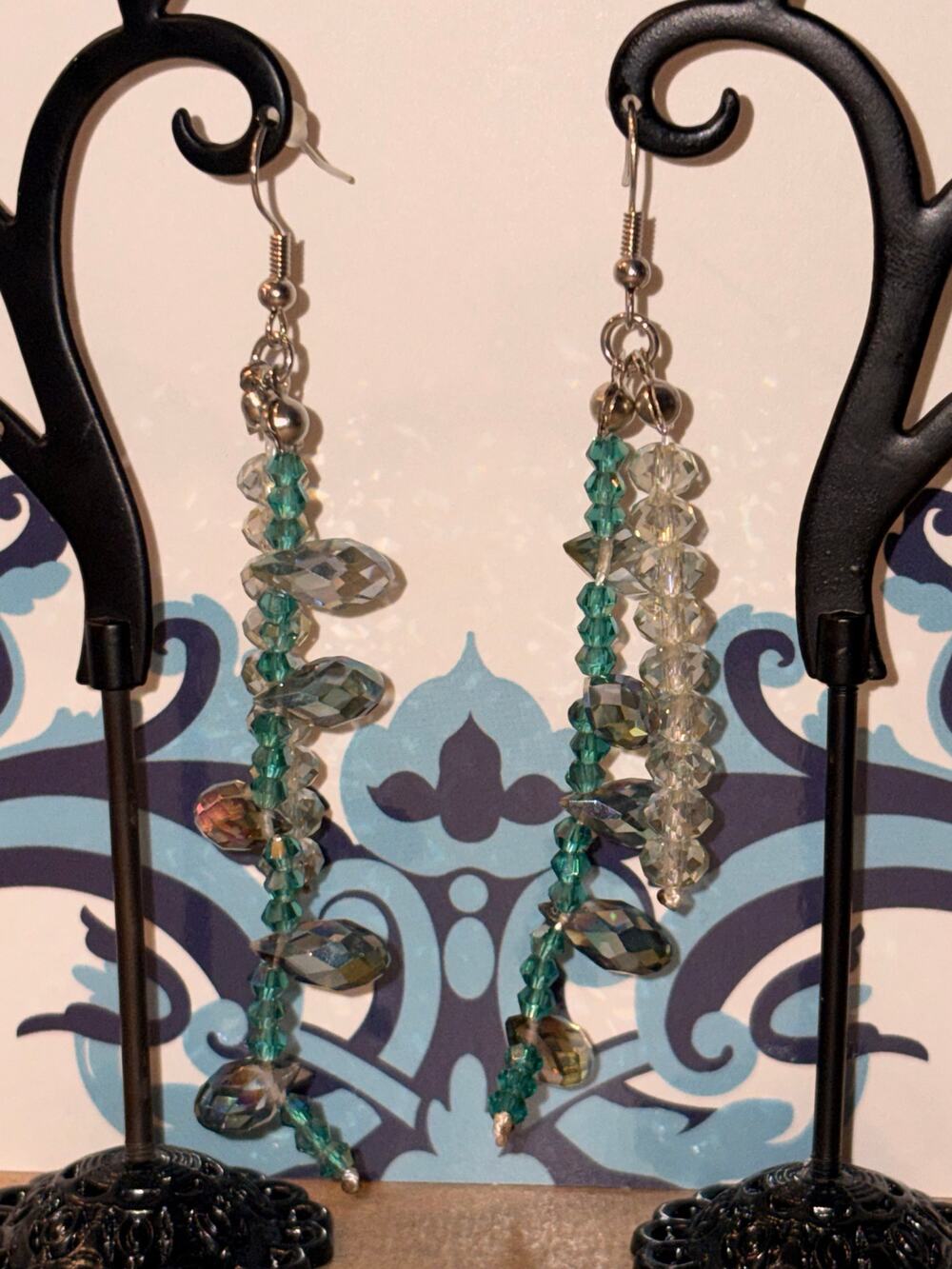 Teal & Iridescent Crystal Beaded Waterfall Dangle Earrings Layered Faceted Drop